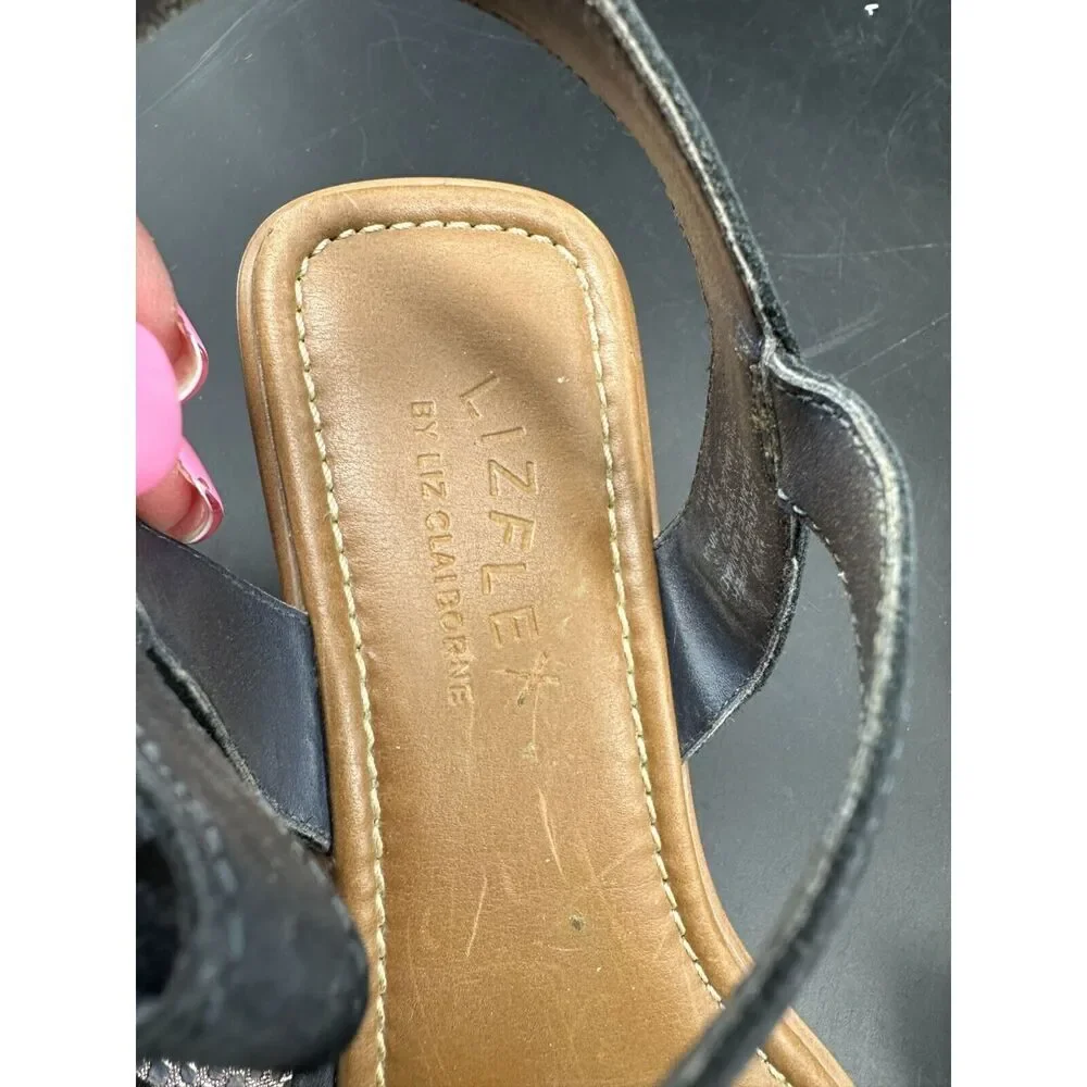 Liz Claiborne LizFlex Micki Navy Blue Leather Wedge Sandals Womens 7.5 M Strappy